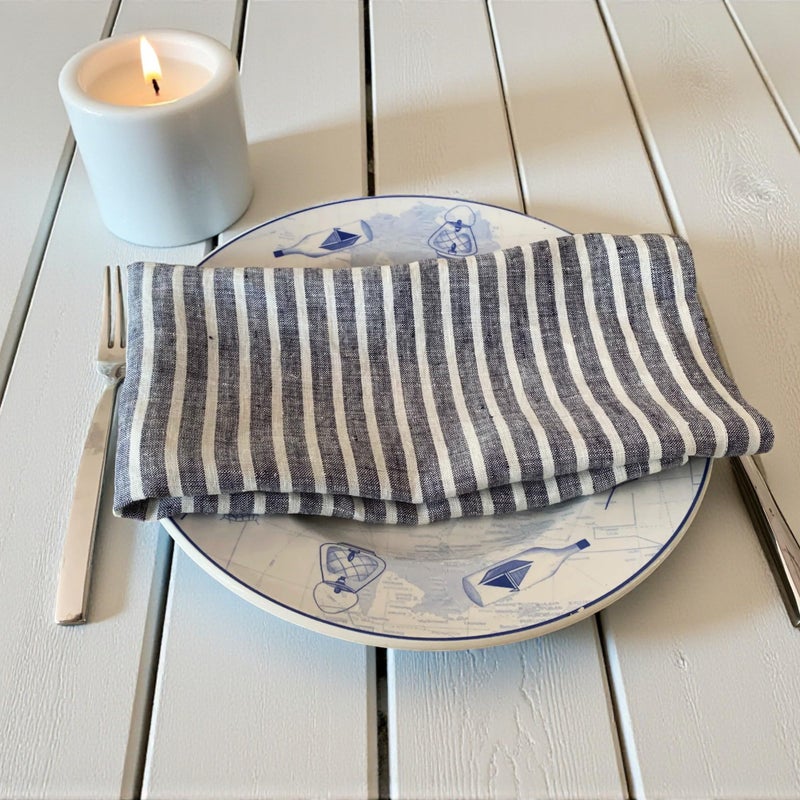 Eight Owls Linen Napkins â€“ Stonewashed Pure Linen Stripe Cloth Dinner Napkins â€“ Created from French Flax - Mitered Corners â€“ Set of 4 (Navy Blue/White Stripe) - Image 5